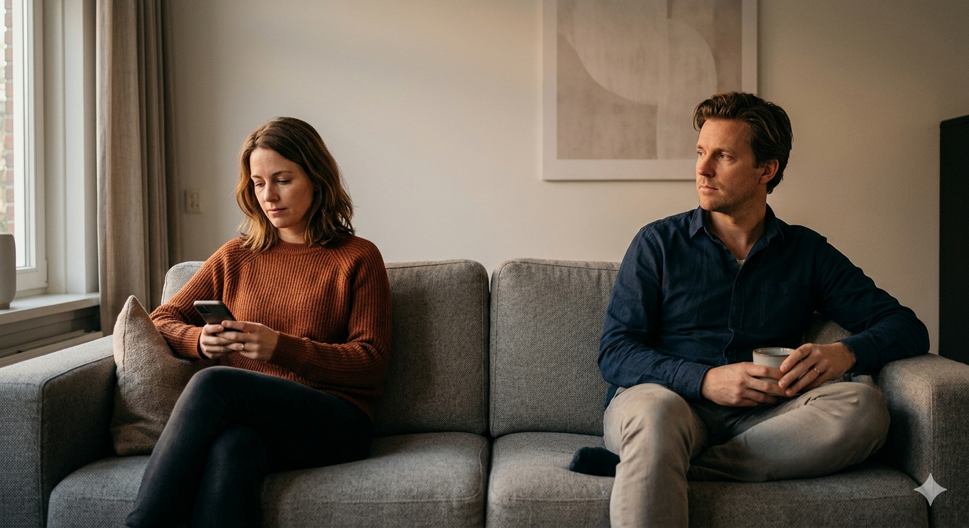 Koppel met afstand op de bank in de huisgenoten-fase van hun relatie.